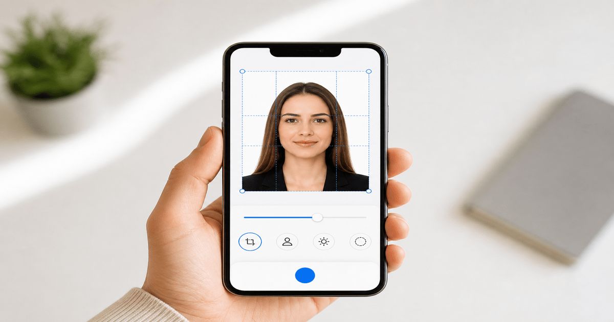 Free passport photo maker on a phone showing crop and background tools