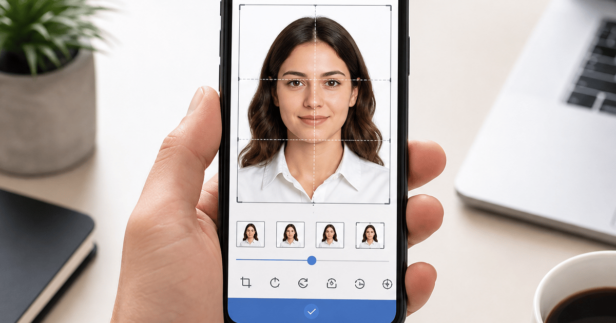 Free passport picture maker on a phone showing crop and white background tools
