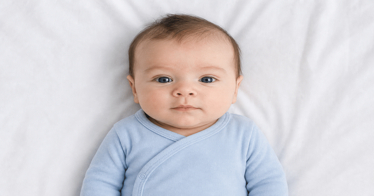 Infant lying on a white sheet for a compliant US passport photo at home