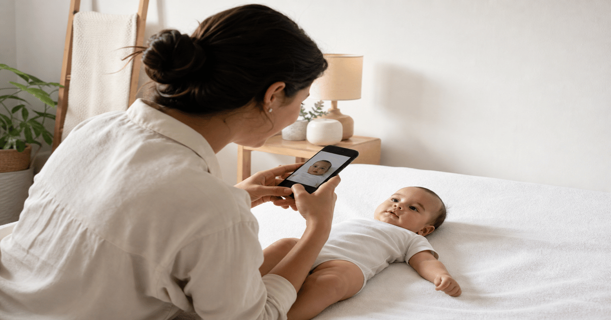 Parent photographing an infant at home for a passport photo instead of a pharmacy