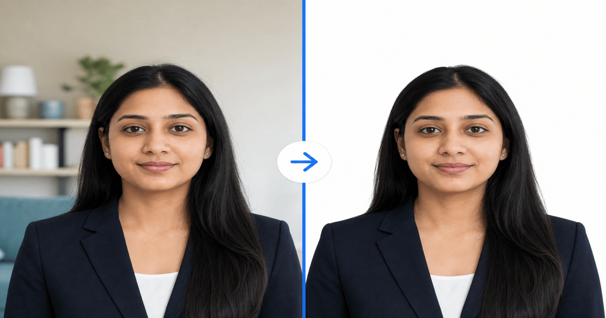 Passport photo white background replacement showing before and after results