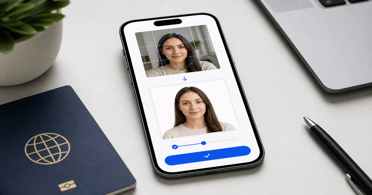 Smartphone selfie formatted into a compliant 2x2 US passport photo online