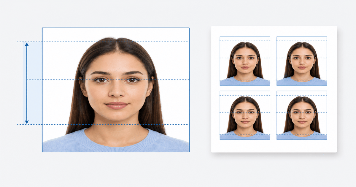 2x2 inch US passport photo size guide showing head height and crop area