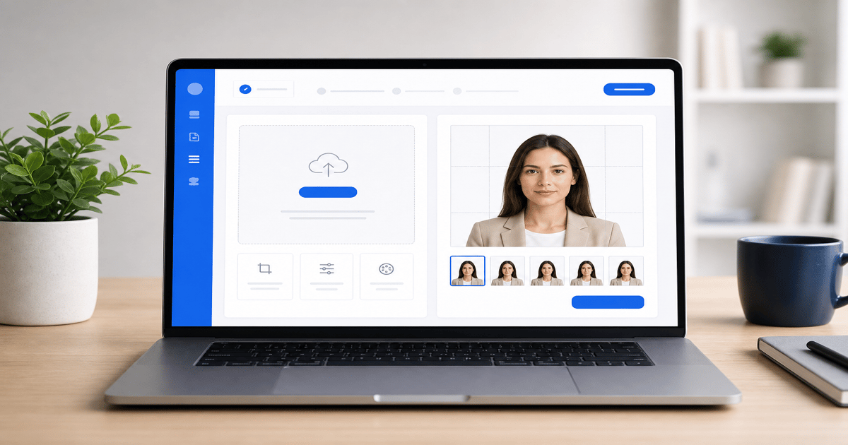 Online passport photo maker free tool open in a laptop browser