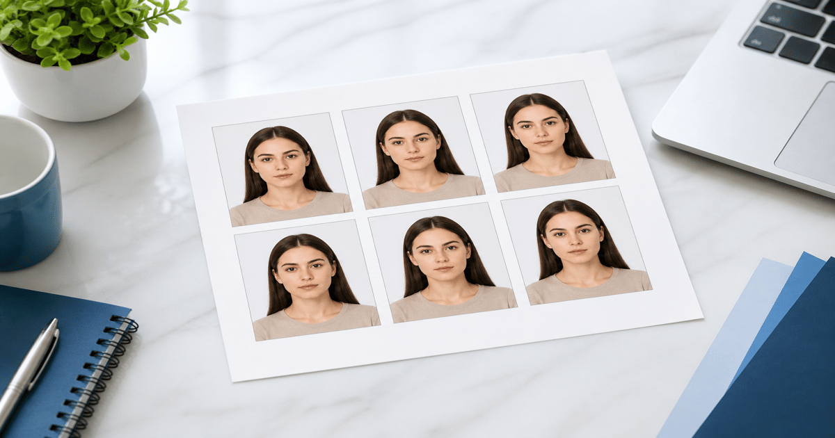 4x6 print sheet with six 2x2 passport photos ready for online pharmacy printing