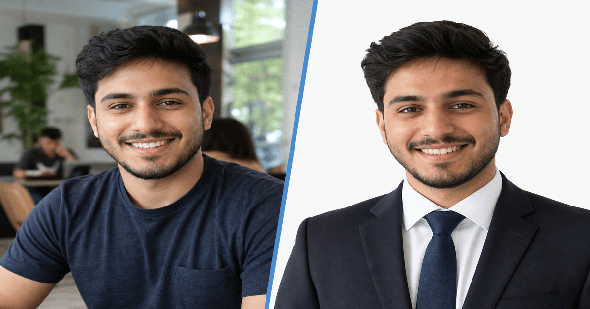 Before and after turning a casual photo into a compliant passport photo with white background