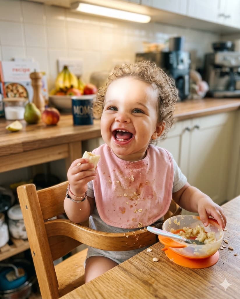 Baby eating in high chair before passport formatting