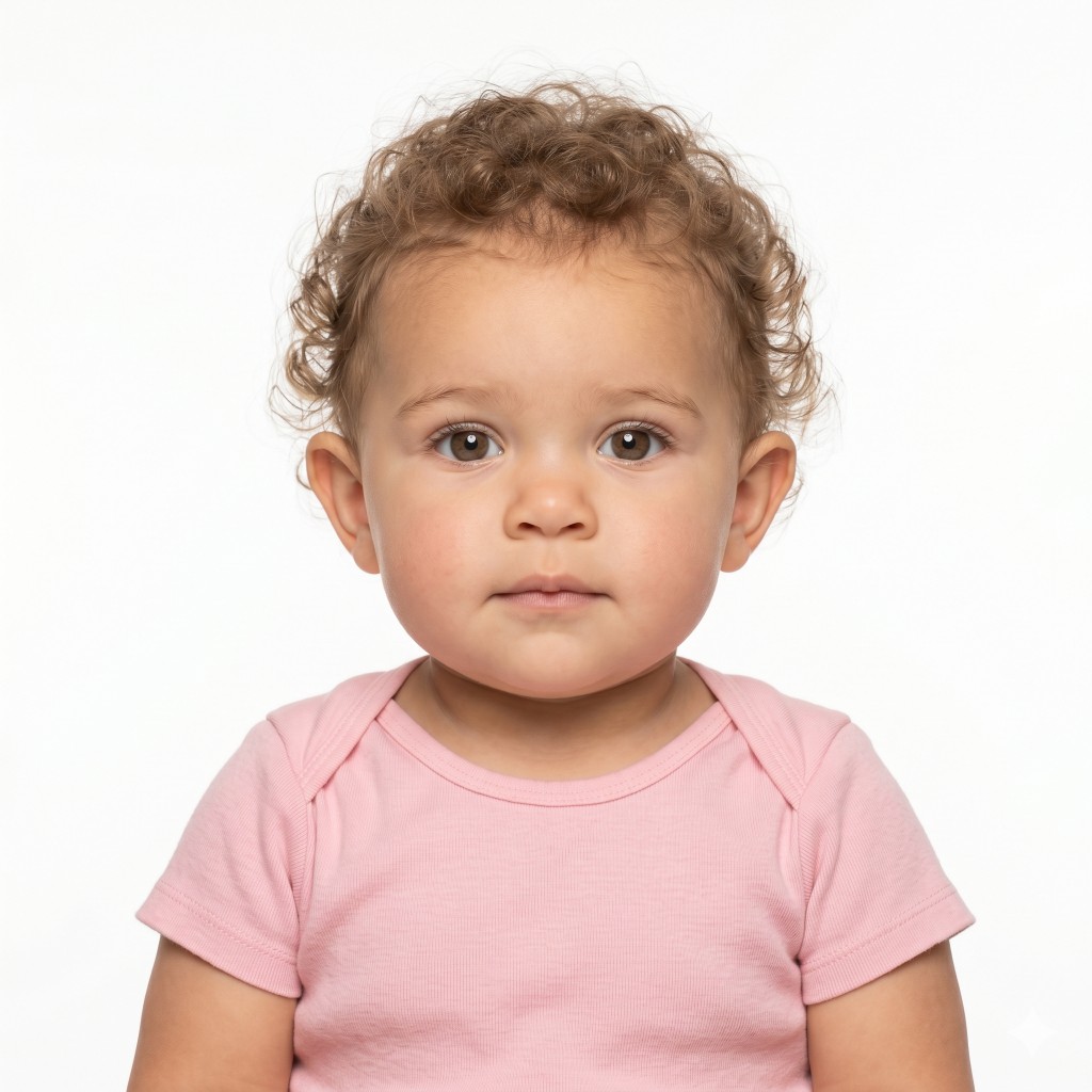 Compliant infant girl passport photo on white background